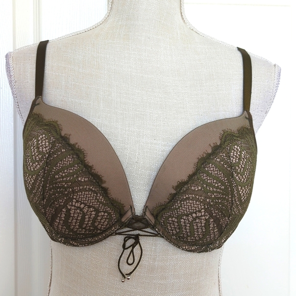 Victoria's Secret Bra Very Sexy Push-Up Pigeonnant Olive Green Lace Bra 36D - Picture 1 of 9